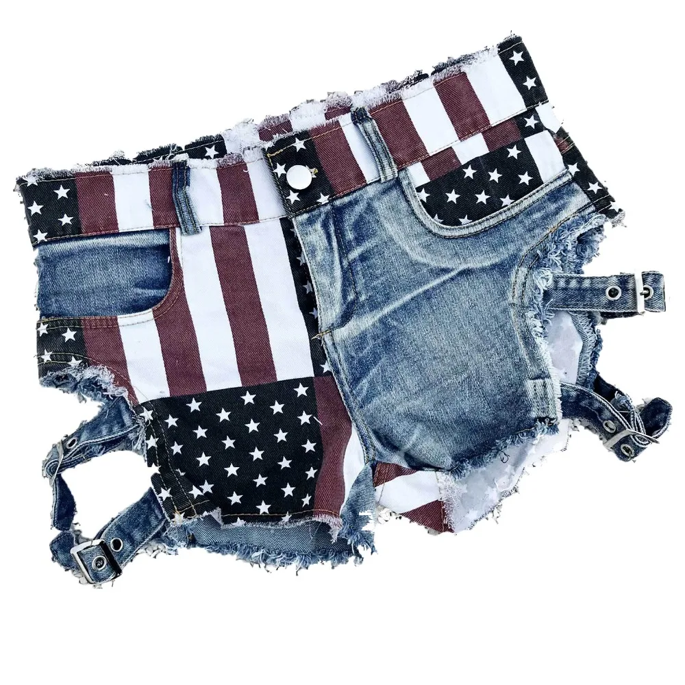 New  Sexy Women's High Waist Hole Jeans Shorts American Flag Printed Daisy Duke Ripped Denim Shorts