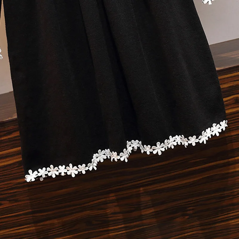 

plus size Autumn Winter knitted sets Women Warm Black Knit sweater Dress V Neck Long Sleeve Flower Patchwork Elegant Party Robe