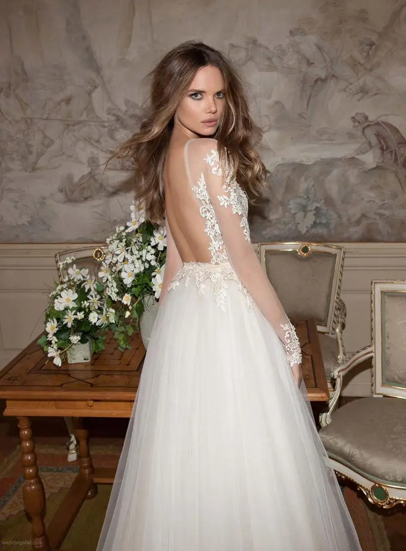 Свадебное платье с открытой спиной 2019 свадебное длинными рукавами Пляжное бохо