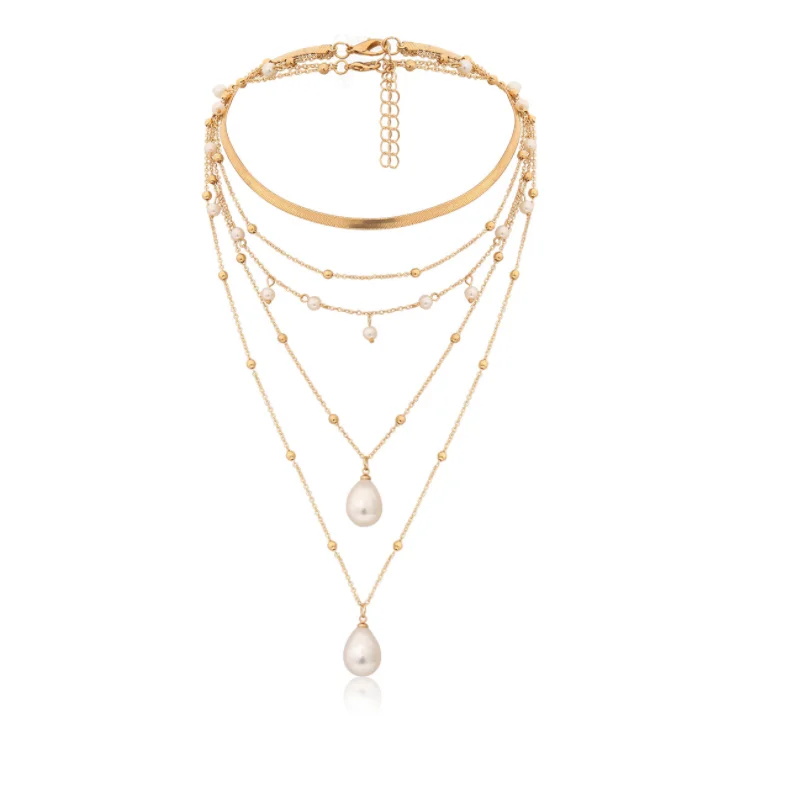 

OT Buckle Square Brand Inlaid Crystal Necklace Mix and Match Multiple Moon Pearl Multi-Layer Neckchain Ladies Accessories