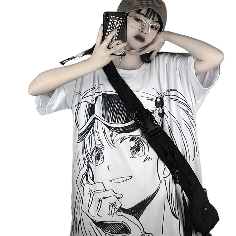 

Short Sleeve Anime T-shirt Female Summer 2021 New Ins Korean Version Harajuku Retro Style Cartoon Printing Loose O Neck Fashion