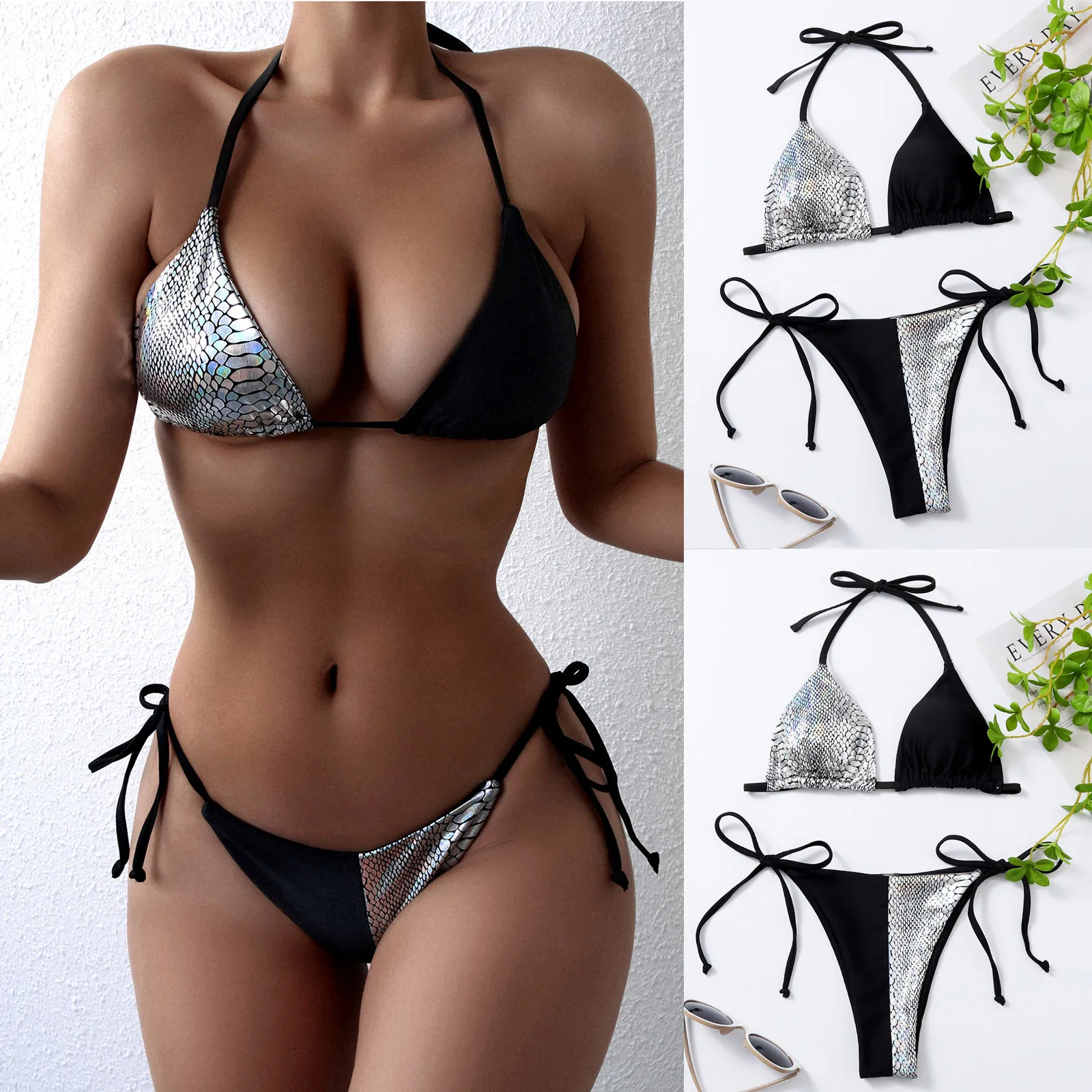 

Sexy Swimwear Women Bling Snake Print Patchwork Lace Up Halter Bikini Set Cut Out Push Up Padded Bathing Suit Thong Swimwear