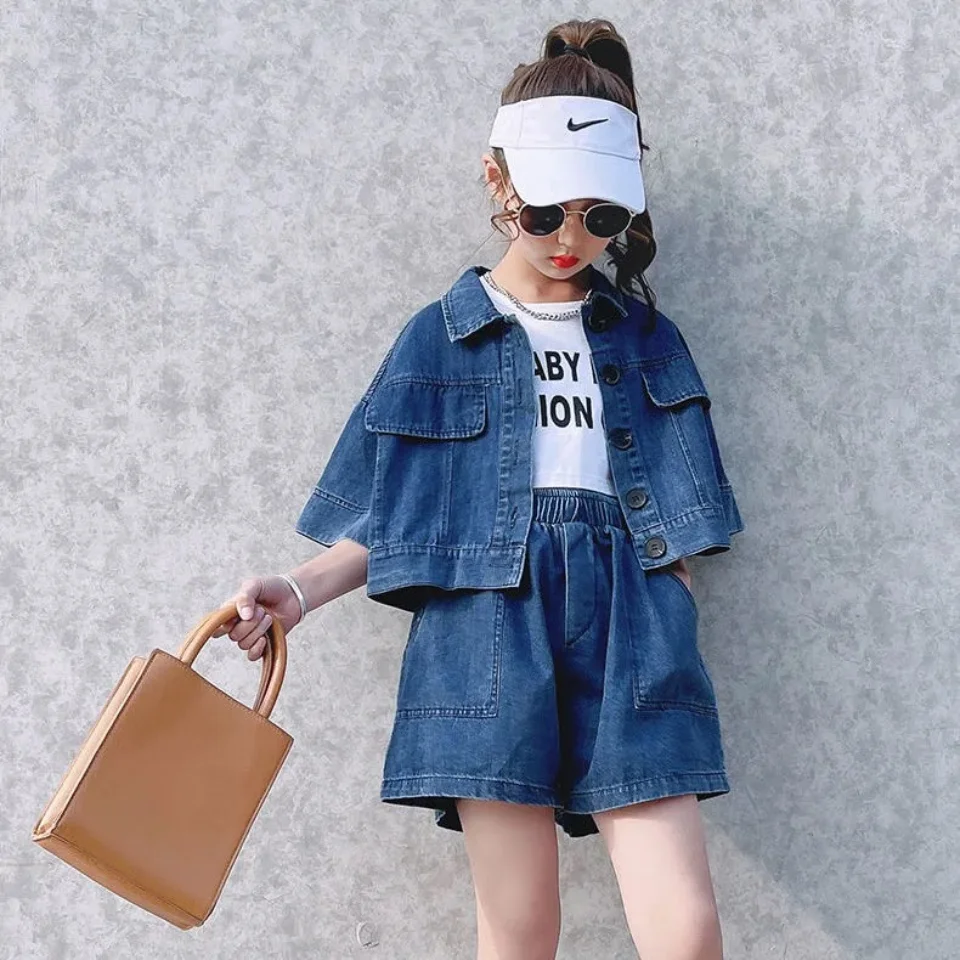 

Fashion New Summer Short Sleeve t-shirt + Denim Shorts 2PCS Set Casual Kids Clothing For Girls 3 4 6 8 10 12Yrs Solid Color Suit