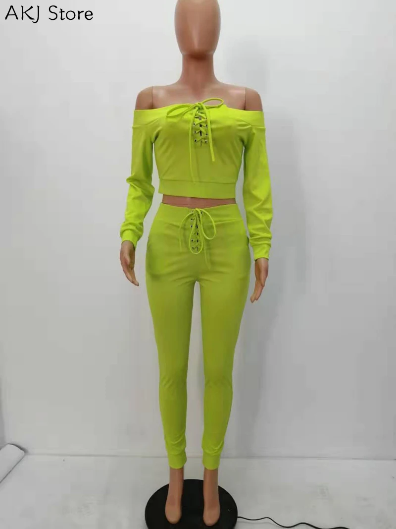 

Sexy Off Shoulder Long Sleeve Top and High Waist Elastic Pants Set