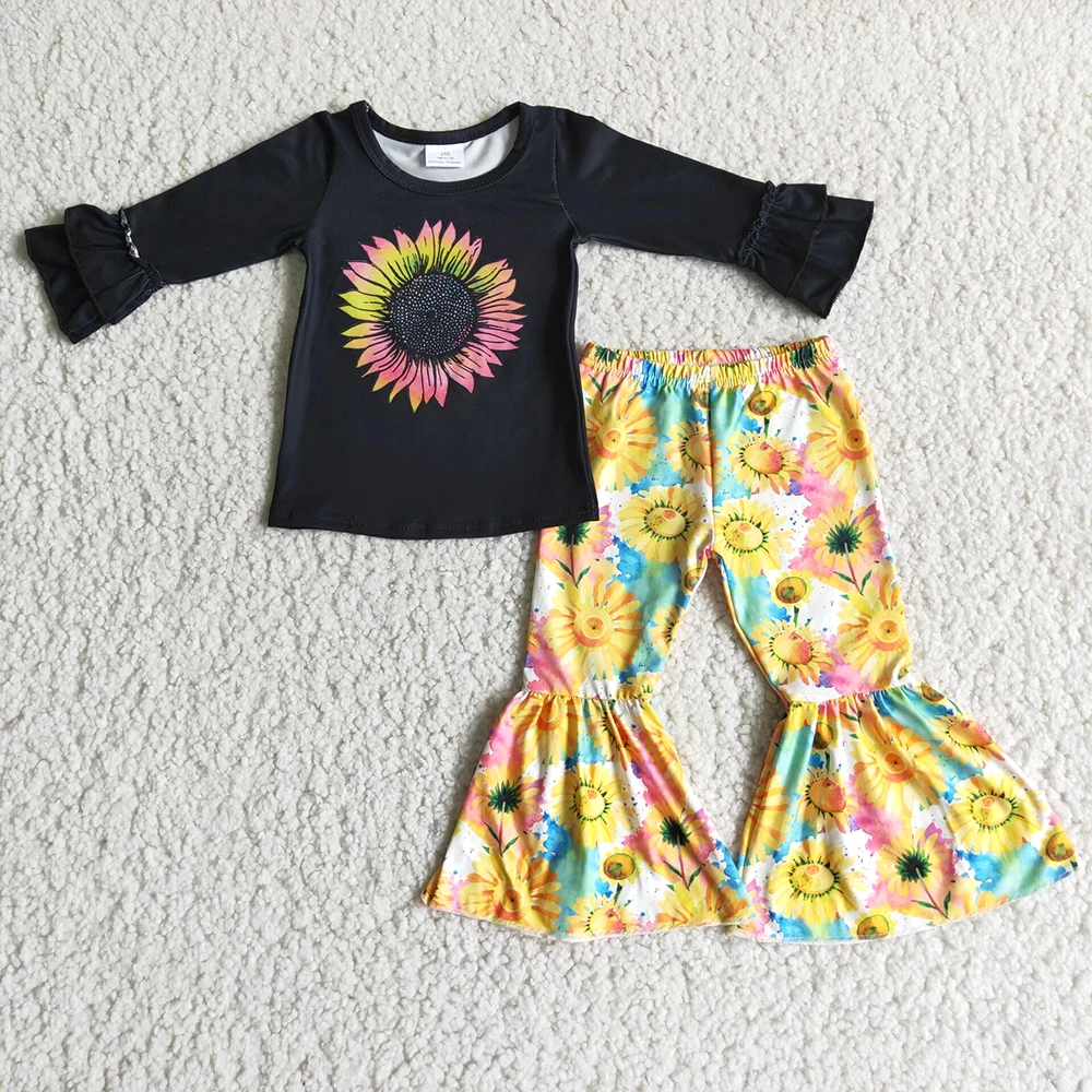 

Kids Black Color Top With Ruffle And Sunflowers Pattern Beller Pants Set Baby Girl Fashion Fall Winter Long Sleeve Outfit