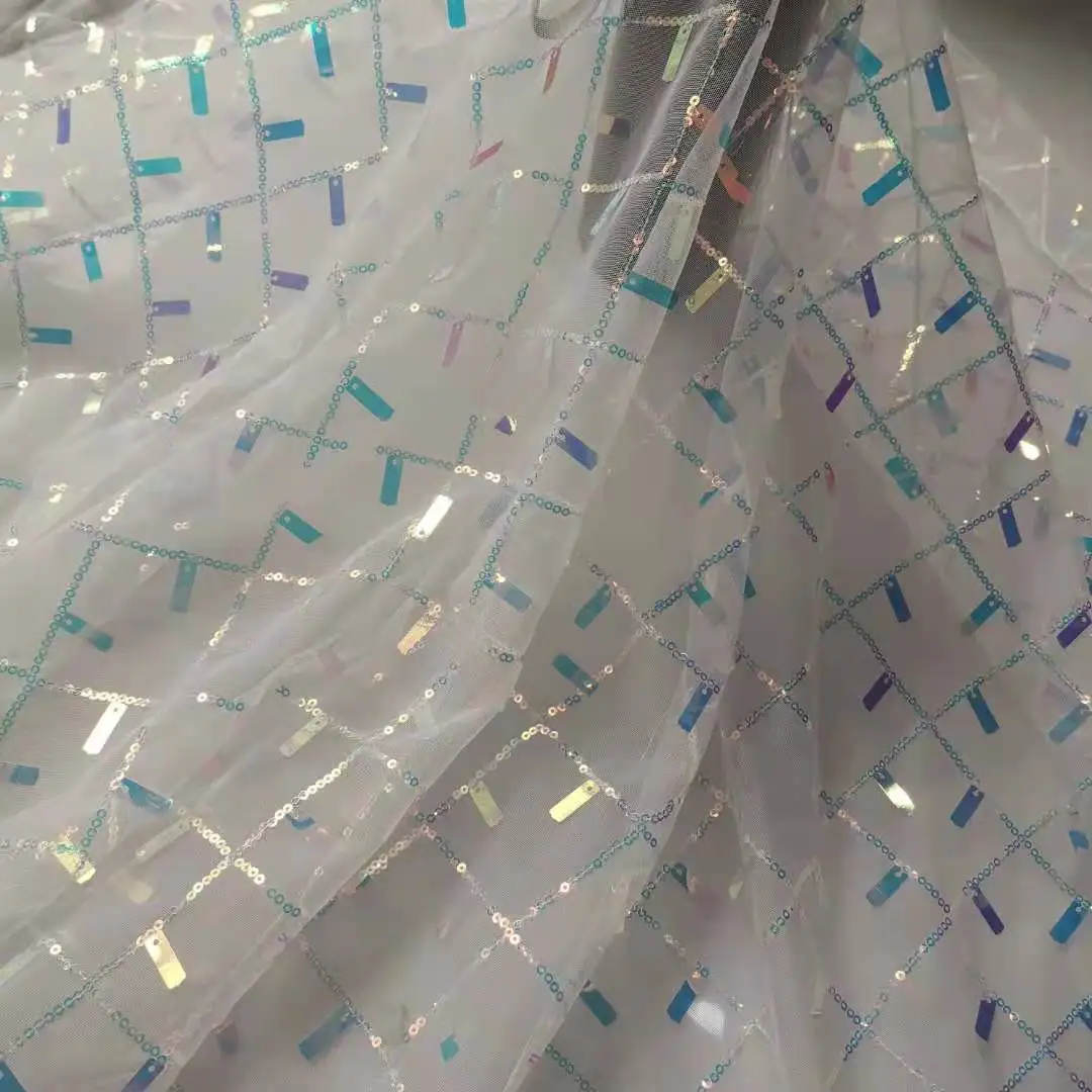 

2021 New Designer Fabric Brocade Fine Mesh Sequin Embroidery Plaid Lace Fabric Diy Sewing Dress Clothing Material Tissu Telas