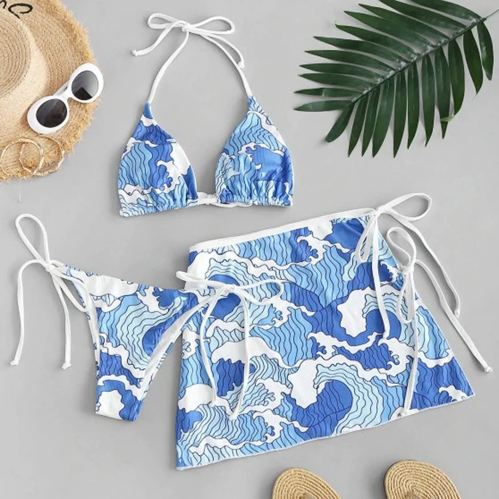 

Sexy Blue Leaves Print Lace Up Low-waist Bikini Sets Sexy Padded Swimsuit Two Pieces Swimwear Women 2021 Beach Bathing Suit