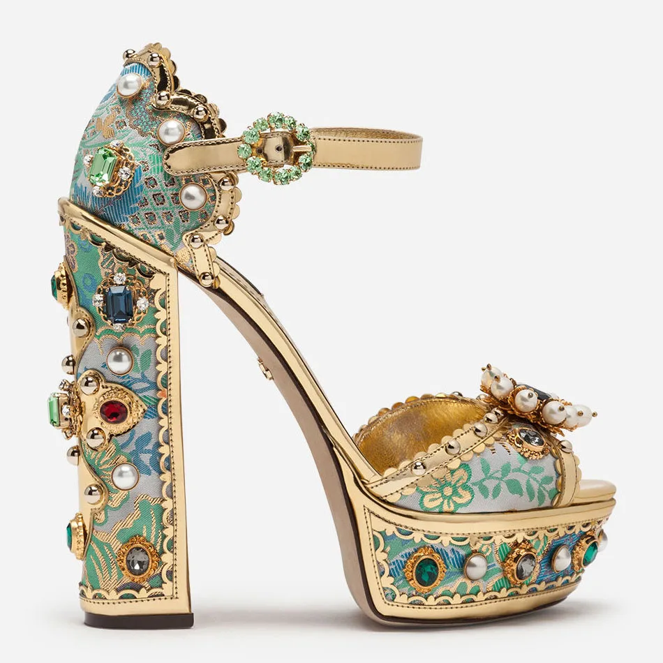 

New Summer Retro Jewel-Embellished Metallic Leather Platform Sandals Embroidery Chunky Heels Banquet Dress Shoes Big Size 43