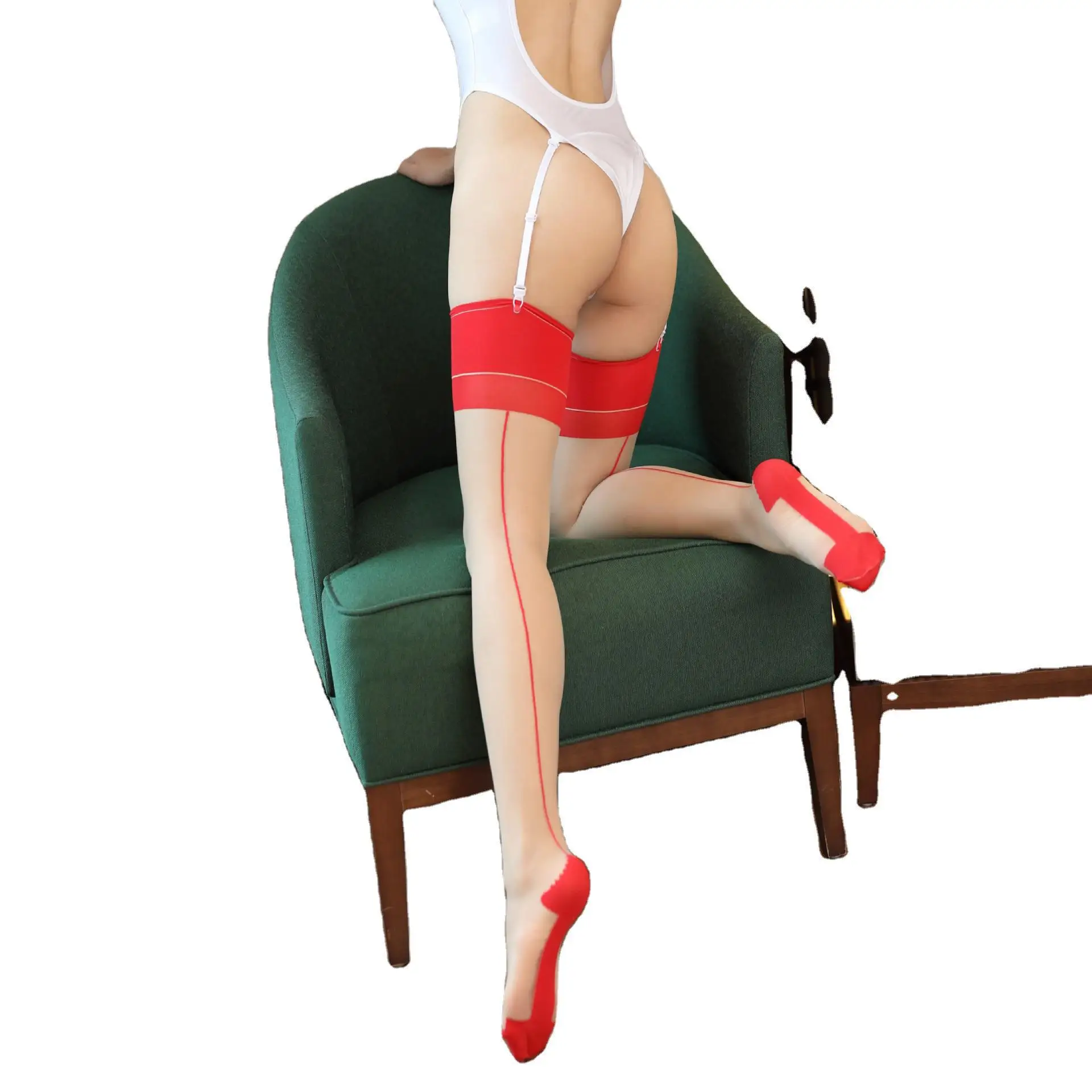 New Punk Maid Sexy Heel Back Sheer Stockings Wide Lace up Hold Up Silicone 16cm Floral Top Thigh High Cross Bandage Stockings