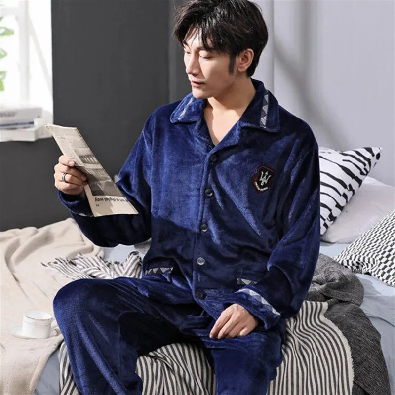 HL-Blue Зимняя Пижама для мужчин, толстая Фланелевая пижама, костюм из 2 предметов, пижама Homme, теплая Повседневная Домашняя одежда, пижама Hombre - Цвет: HL-Blue