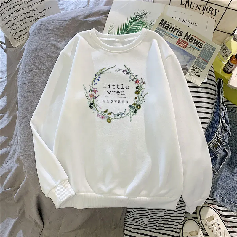 

2021 Spring Women's Fashion Sweatshirts Autumn New Korean Style Hoodies Plant Print Students' Coats Fleece-Lined O-Neck Hoody
