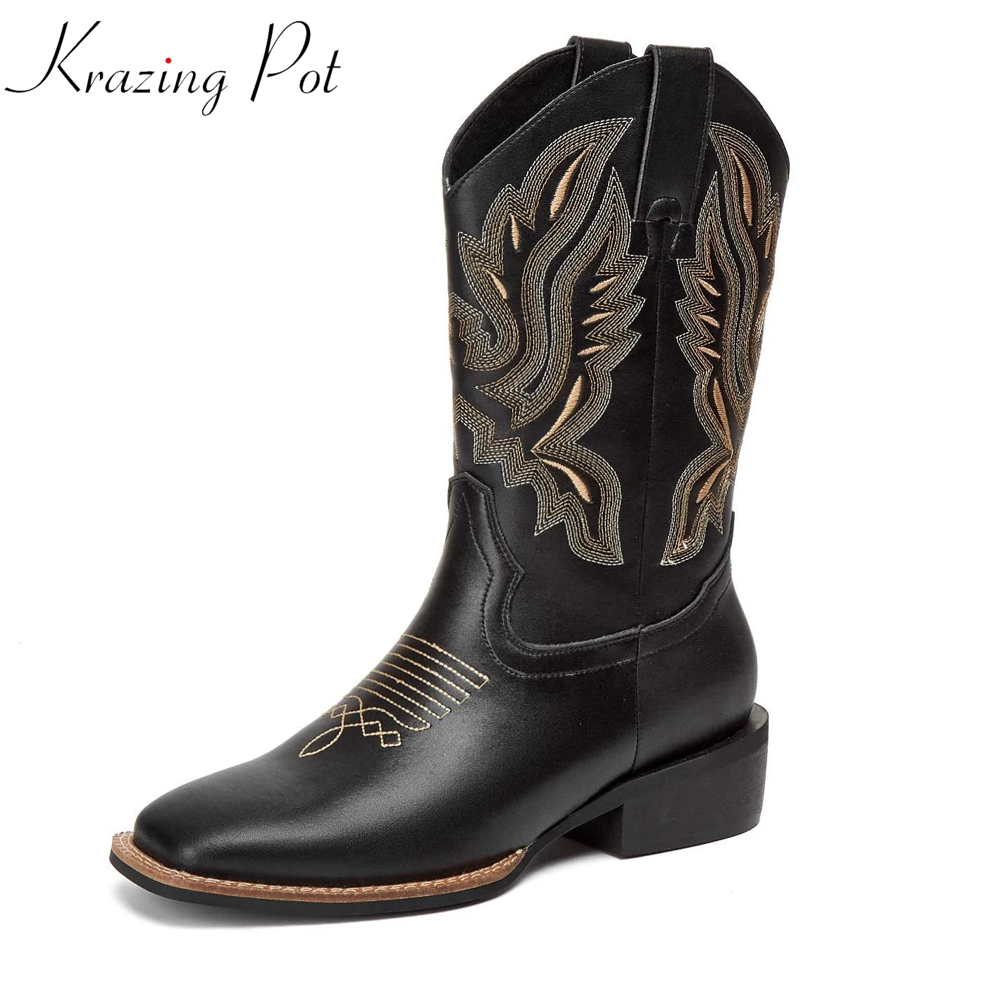 

krazing pot genuine leather square toe keep warm Chelsea boots slip on med heels winter oriental embroidery mid-calf boots l05
