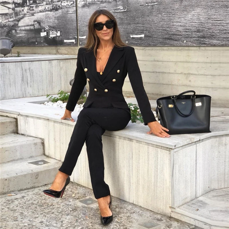 

Autumn Blazer Women Double Breasted Blazer Coat Fashion Metal Lion Buttons Solid Color Coats Office Ladies Outfit 2020