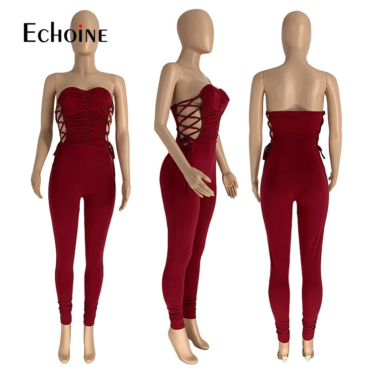 

Echoine spring Women Solid Hollow Out Bodysuit Low-cut Sexy Sleeveless one piece Jumpsuit Elegant Pleated Female Pants Clothing