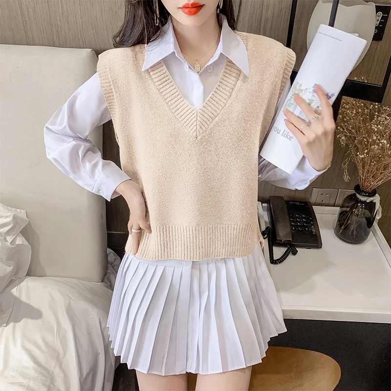 

Vintage Y2k 2021 V Neck knitted Vest Women Autumn Winter New Loose Sweater Vest Women Tops Sleeveless Vest Tank 503J