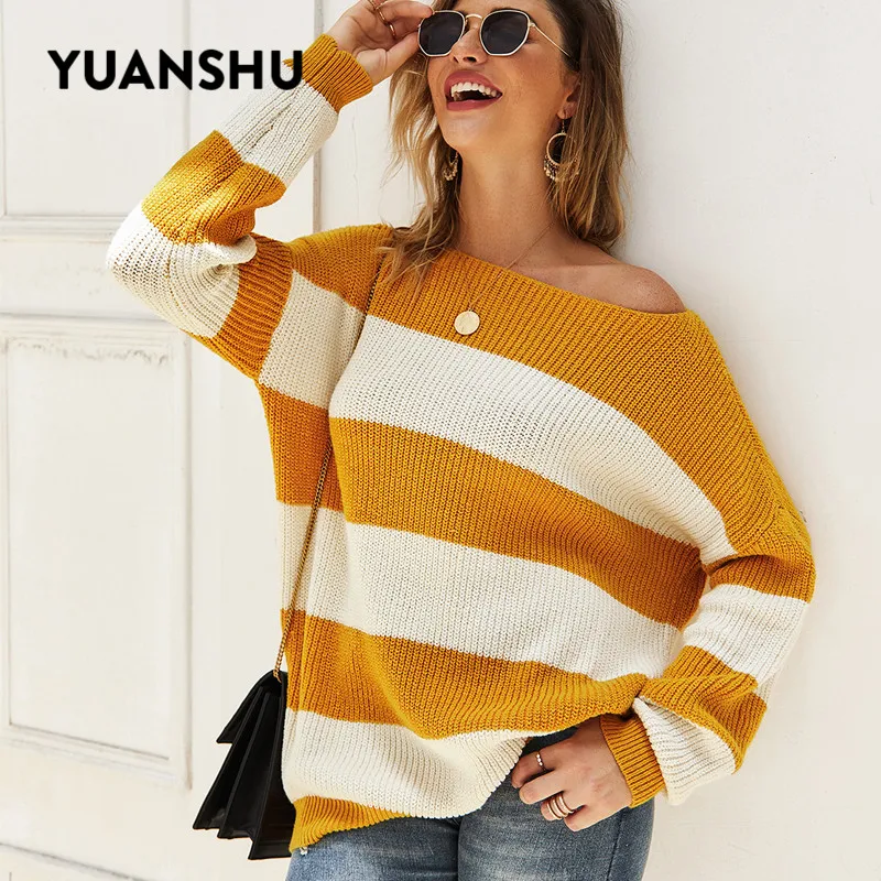 

YUANSHU осенний желтый вязаный пуловер свитер женский с длинным рукавом с круглым вырезом полосатый зимний свитер офисные свободные женские т...