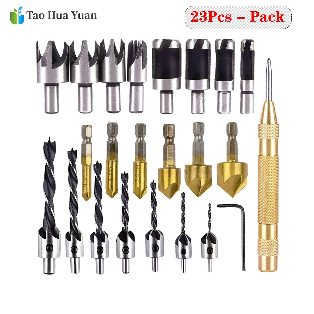

23-Pack Woodworking Chamfer Drilling Tool Countersink Drill Bits Wood Plug cutter/Automatic Power Tools Accessories Hand Tool AA