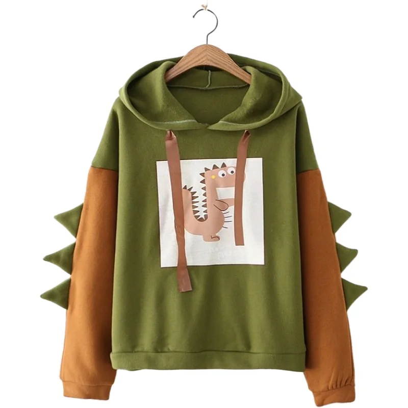 2020 Autumn Winter Preppy Style Sweet Dinosaur Print Horn Hooded Loose Plus Velvet Fleece Sweatshirt Women Harajuku Pullover