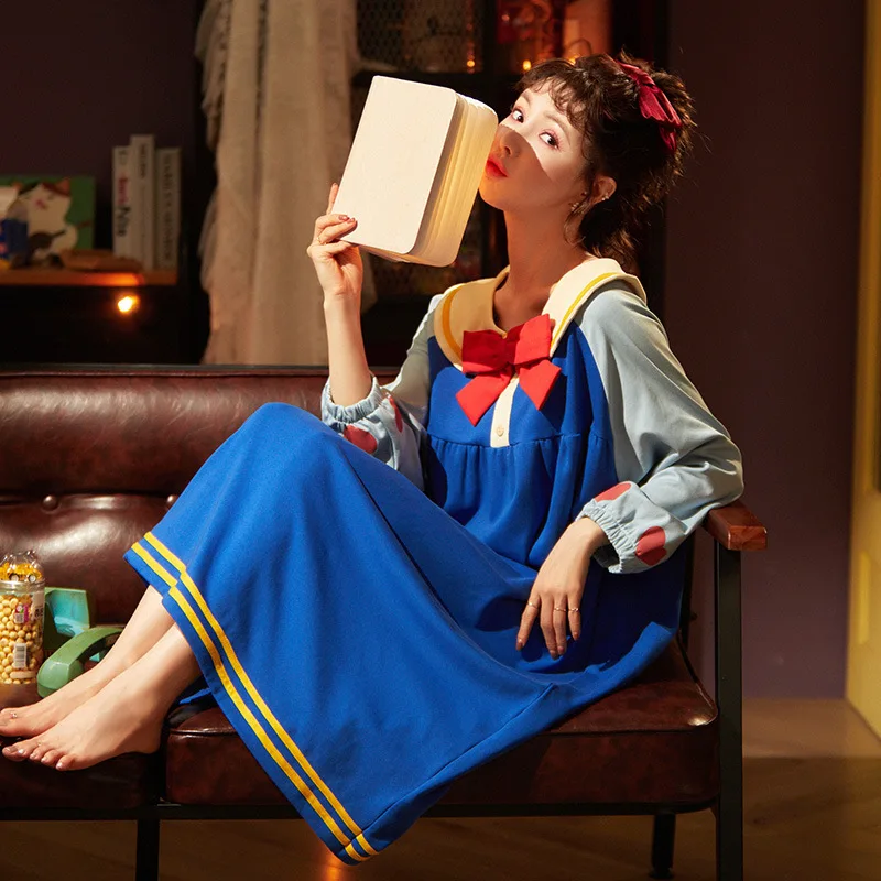 

Korean Style College Style Cute Women Homewear Sleepwear Kawaii Blue Sailor Moon Women Nightgowns Cotton Long Sleeve Sleepdress