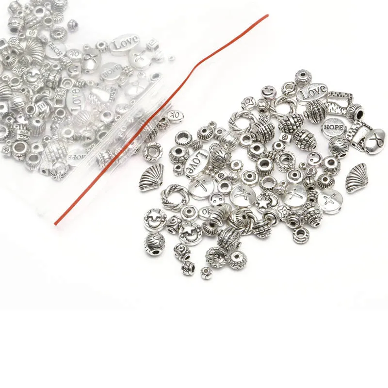 

(50-60pcs) Mixed Big Hole Loose Beads For Jewelry Making Tibetan Silver Plated Bead Charm Bracelet DIY Jewelry Accessories