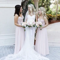 light pink bridesmaid dress a line sweetheart spaghetti straps appliques sequined sleeveless floor length wedding party gowns