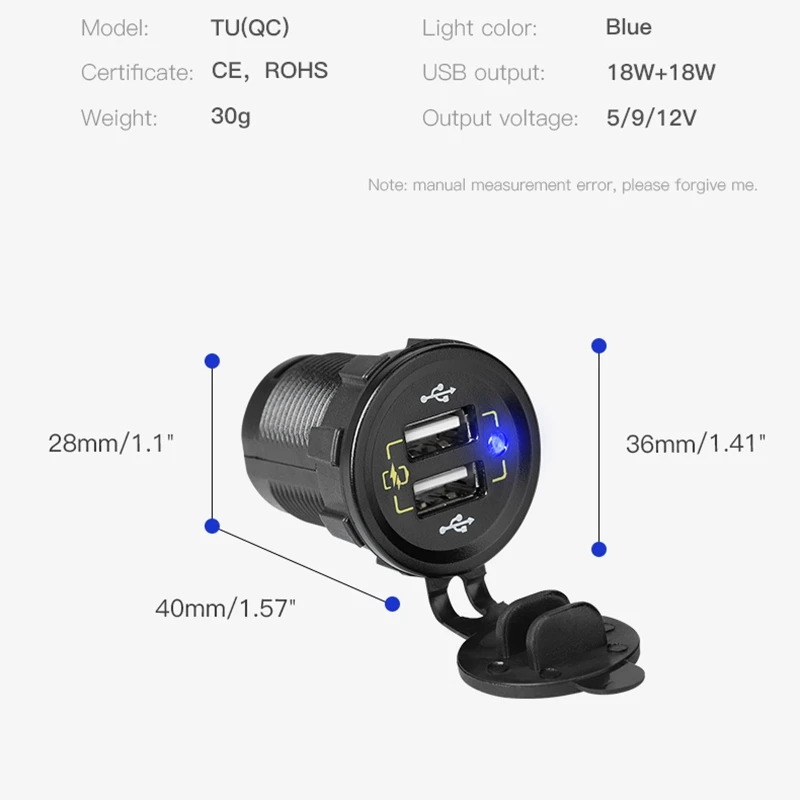 

Waterproof Motorcycle Car Boat Marine Bus Truck Dual Quick Charge 3.0 USB Car Charger 12V/24V 18W QC3.0 Fast Charger