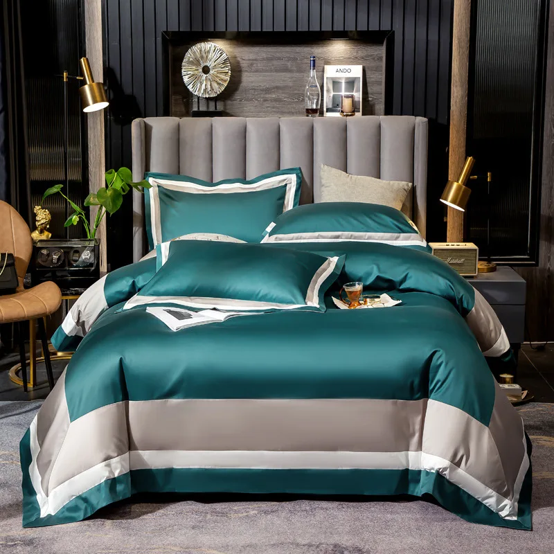 

100S Egyptian Cotton Bedding Set Embroidered Stitching Color Duvet Cover Bed Linen Luxury Hotel Pillowcases Fitted Sheet Flat