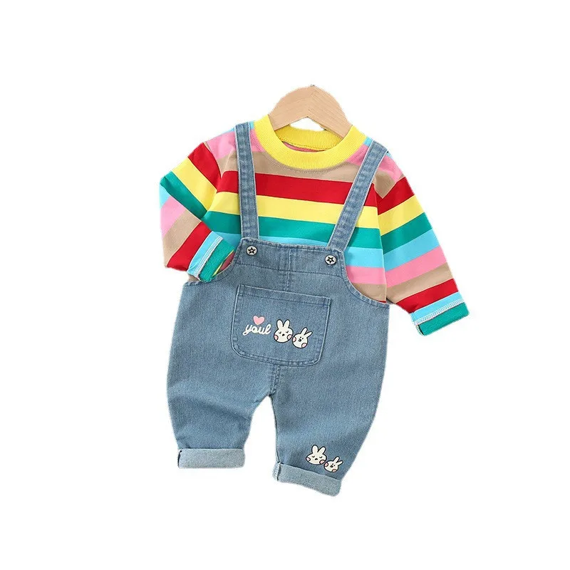 

New Spring Autumn Baby Girl Clothes Suit Children Striped Cotton T-Shirt Overalls 2Pcs/Sets Toddler Casual Costume Kids Clothing