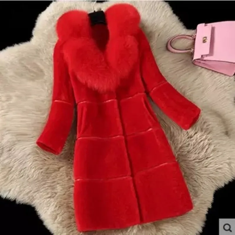 Новая шуба из овчины с отстрочкой длинная искусственного меха лисы Женское