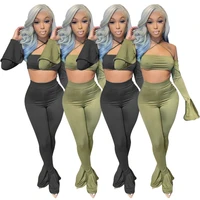 hanging neck flare long sleeve crop top and bell bottom legging casual 2 piece matching sets streetwear black green club outfit