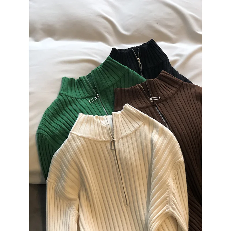 

Mock Neck 1/2 Zipper Front Ribben Fit Knit Sweater Beige / Green / Brown / Black