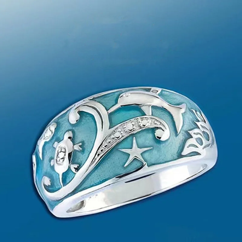 

Milangirl Popular Women's Ring Luxury Ladies Creative Ocean Creature Underwater Animal Dolphin Tortoise Starfish Seaweed Jewelry