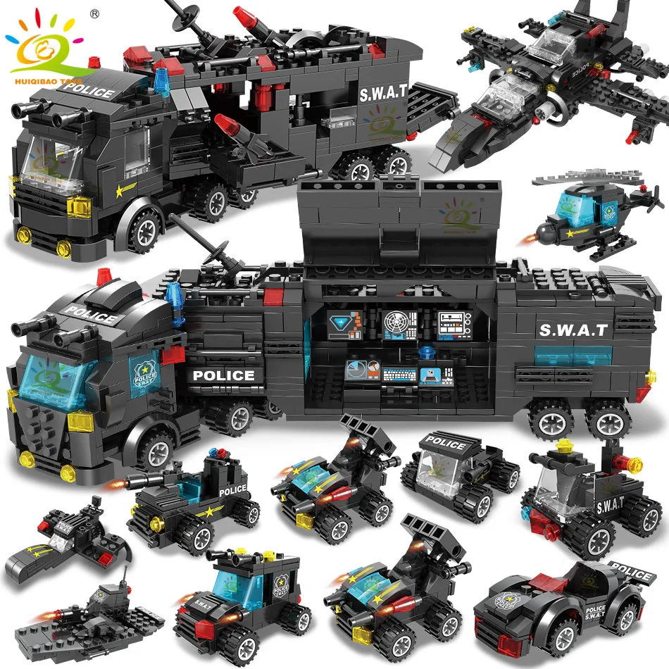 

Truck Bricks Children SWAT Educational Building Police HUIQIBAO Machine For Station Helicopter Blocks Figures Car Toy Model City