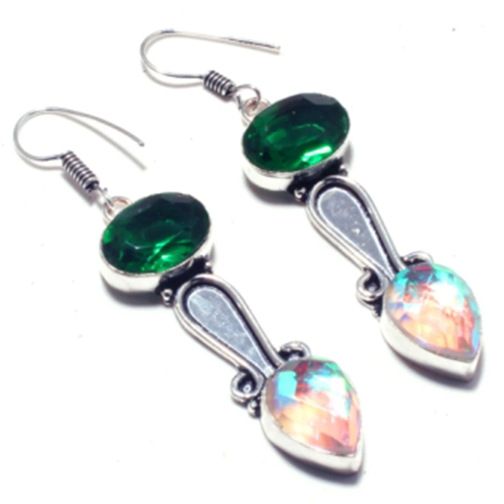 Подлинный зеленый кварц + Радужный огненный топаз Серебряная накладка на медные