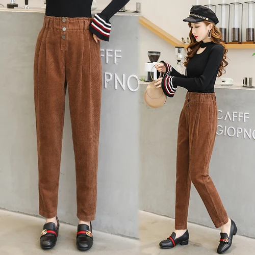 Women Corduroy Pants Vintage Casual Warm Woman Corduroy Trousers Loose Harem Pant S-5XLPlus Size Autumn Winter New Fashion - Цвет: khaki