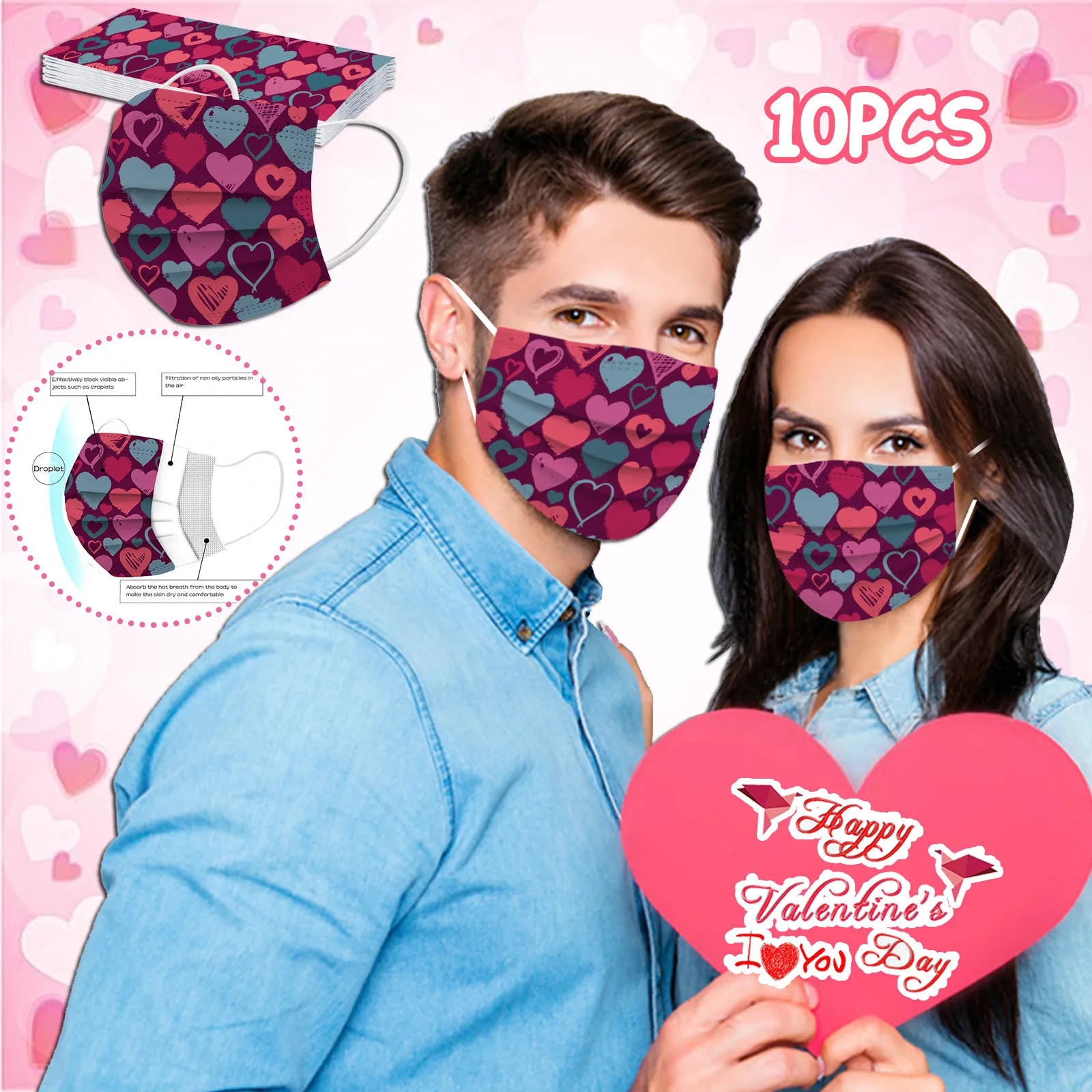 

Adult Disposable Mouth Masks 10pc Valentine's Day Red Heart Print Face Mask For Women Men Mascarillas Mondkapjes Mascherine