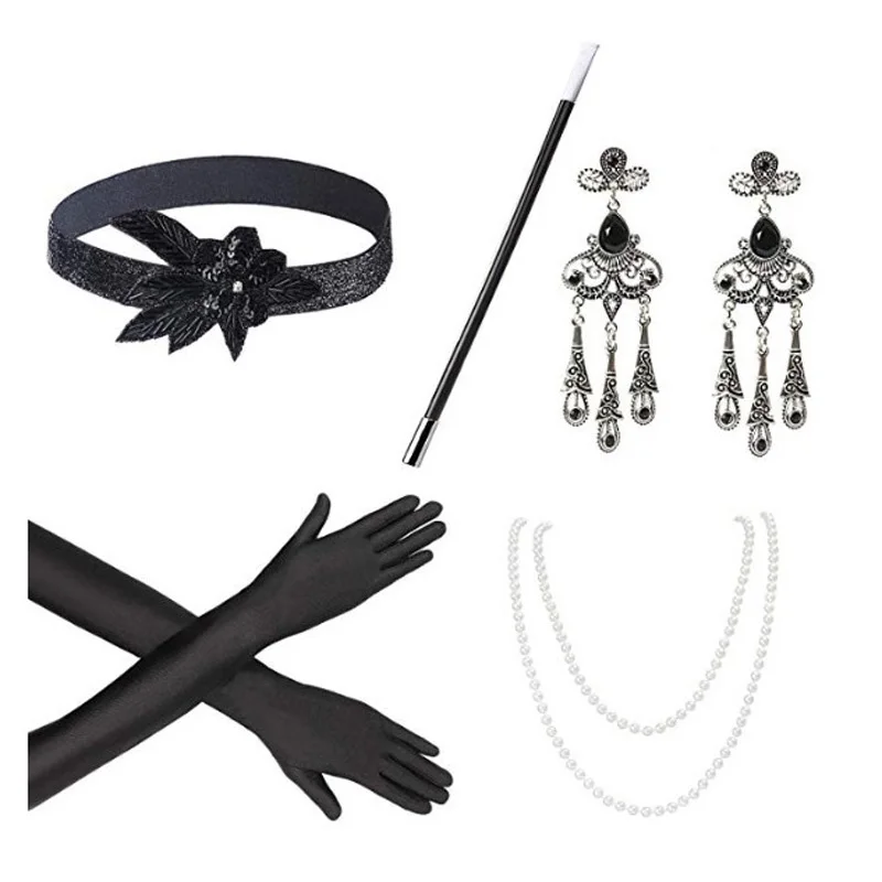 

1920s Great Gatsby Accessories Five-piece Set Women 20s Costume Flapper Headband Pearl Necklace Gloves Earring Cigarette Holder