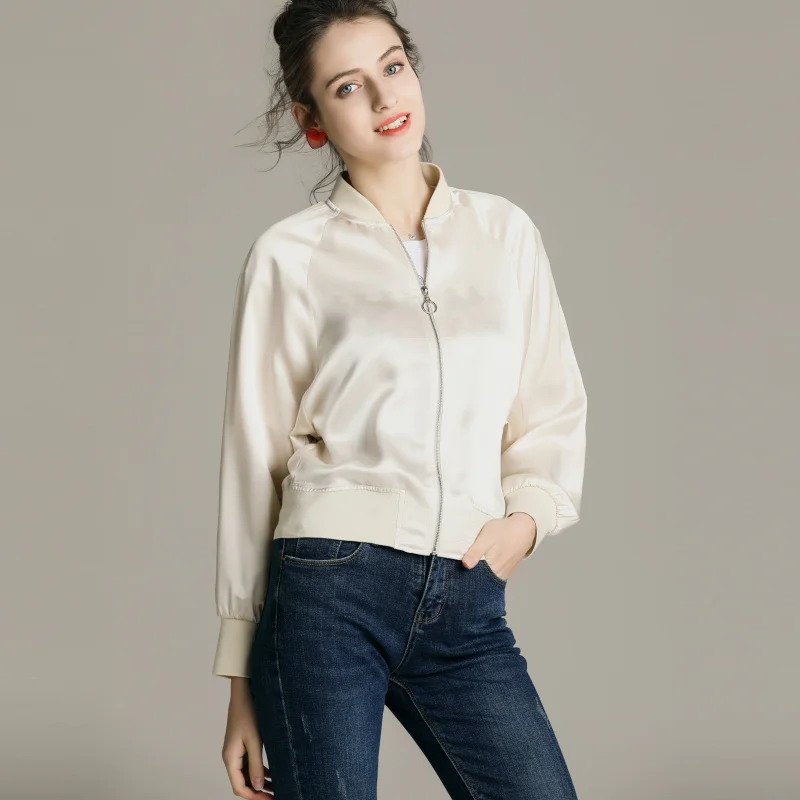 Женская легкая куртка из 100% шелка однотонная Повседневная бомбер с длинными