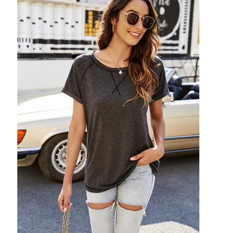 

2021 Spring Summer Top New Fashion Short Sleeve O-Neck Cross Patchwork T Shirt Casual Slim Camisa Mujer De