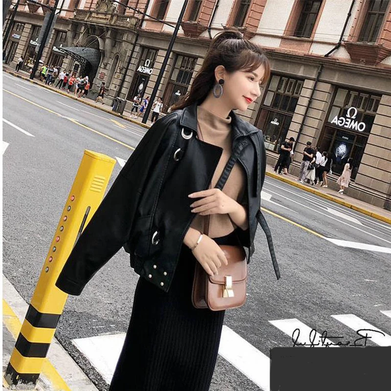 Куртка женская мотоциклетная короткая из ПУ кожи на весну/осень | Женская одежда