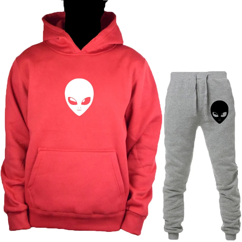 Red-B-HuiK Alien толстовка с капюшоном+ брюки костюм для мужчин женщин осень зима пуловер Толстовка Топы с принтом по всему миру спортивный костюм повседневная одежда - Цвет: Red-B-HuiK