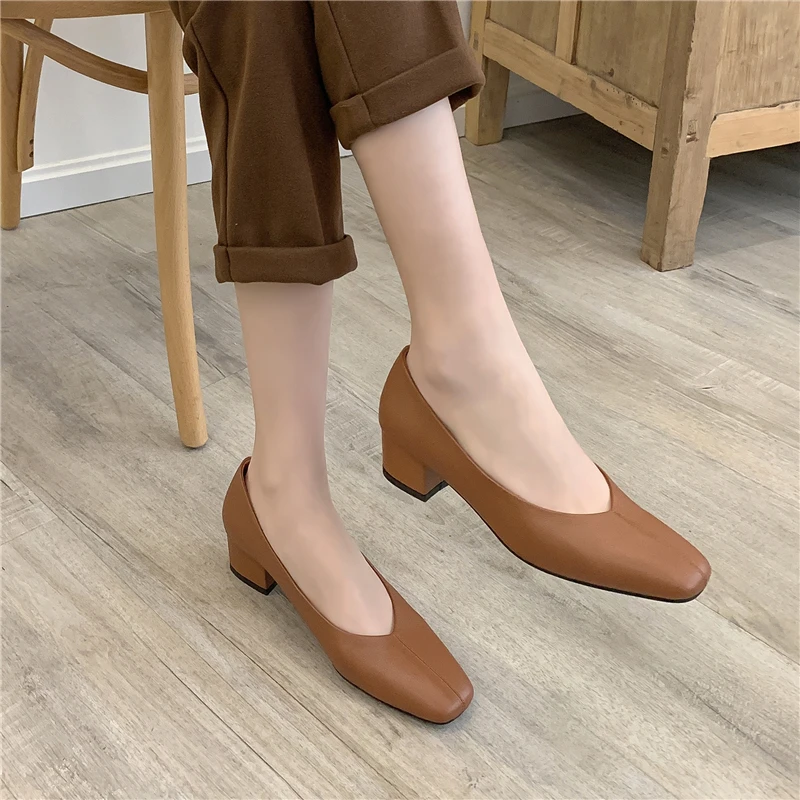 

Superstar soft 4cm low heel shoes women genuine leather square toe shallow concise mature brand lady shoe DMJ29 MUYISEXI