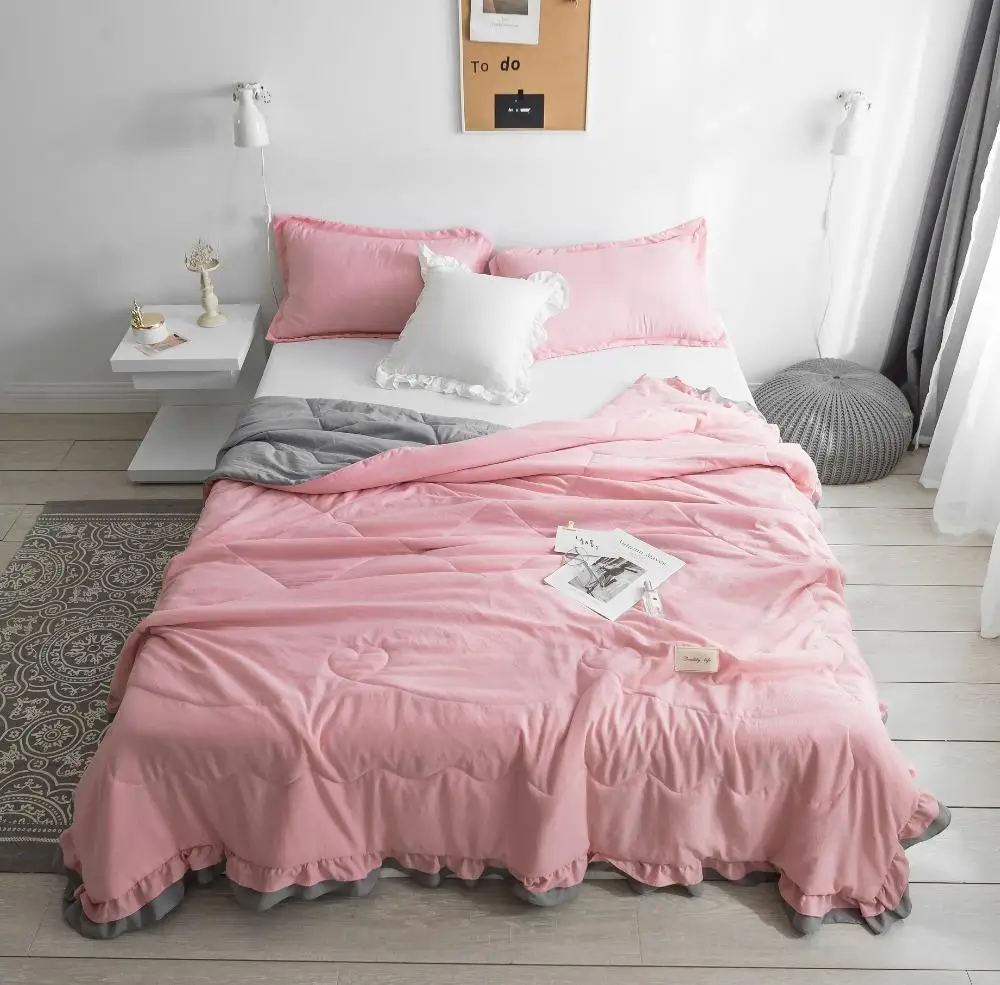 

Princess style Pure Color Summer Quilt Bedspread Blanket pink Comforter soft Bed Cover Twin full Queen Quilting lace bedclothes