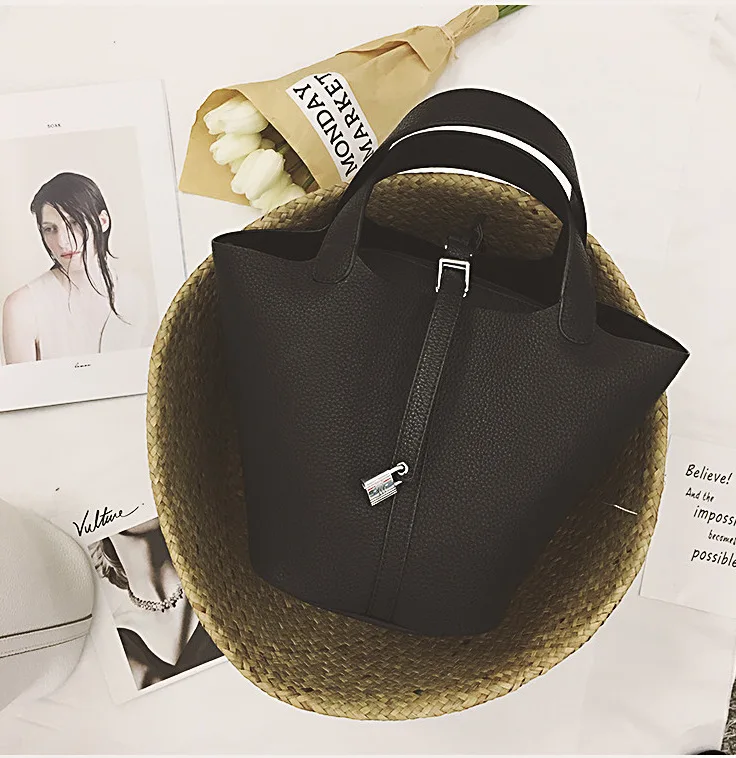

New bucket bag lock handbag women's bag large capacity one shoulder slant span PU bag