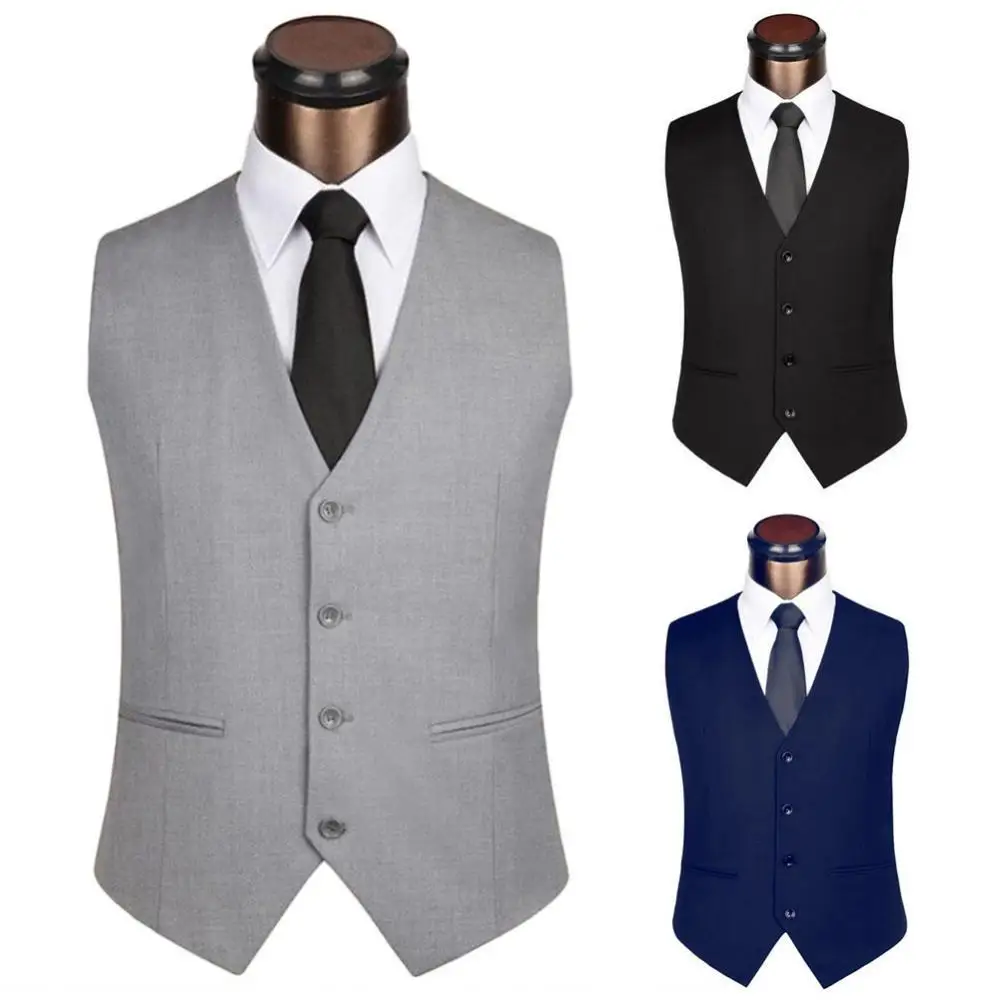 

Blazer Suit Vest Coat Men Solid Color Sleeveless Back Straps Single-breasted Slim Business Waistcoat for Male