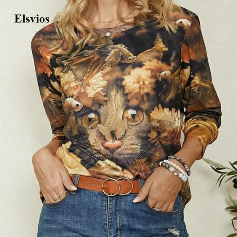 

Блузка женская свободного покроя с круглым вырезом, винтажная Повседневная рубашка с принтом кота и рыбок, Топ с длинным рукавом, уличная од...