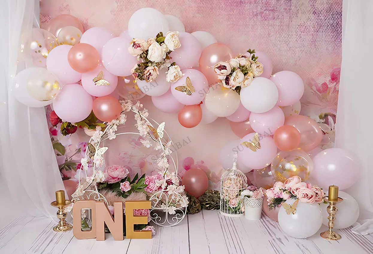 

Child Portrait Cake Smash Photography Backdrop Baby Birthday Party Spring Flowers Floral Pink Balloons Background Photo Studio