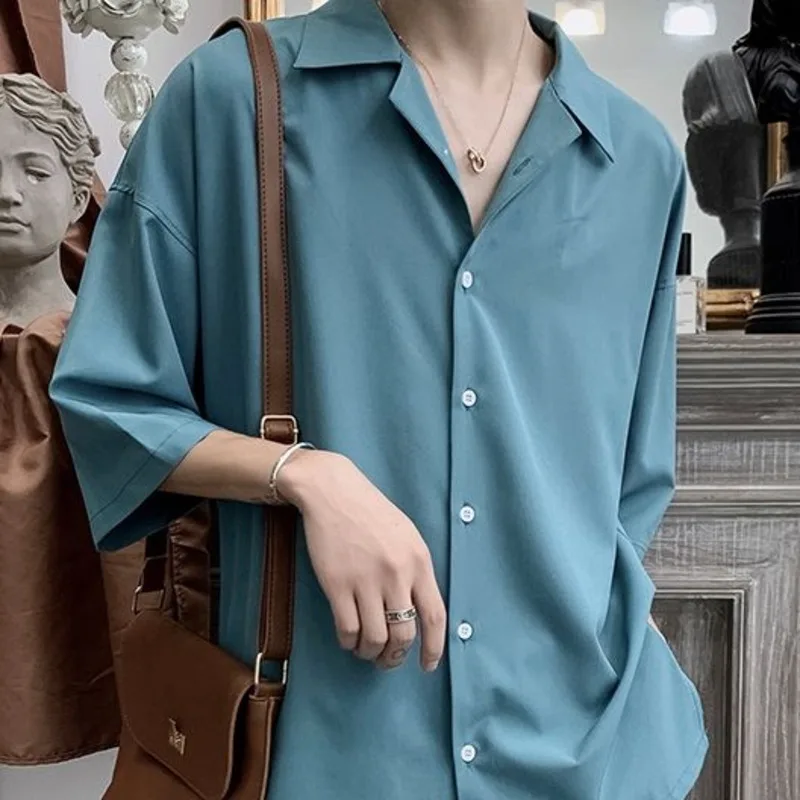 Summer Dress Shirt Men's Fashion Social Men Shirt Solid Color Business Casual Shirt Streetwear Loose Korean Short-sleeved Shirt
