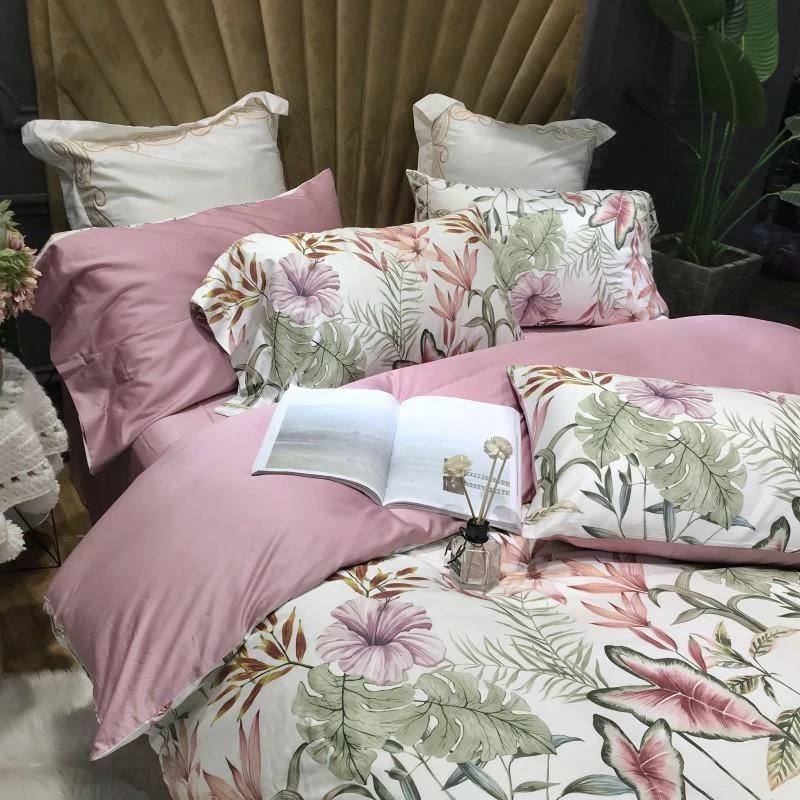 

Pink blossom bedding set 100% Egyptian cotton leaf print bed set sheets Satin duvet cover pastoral girls princess bedspread