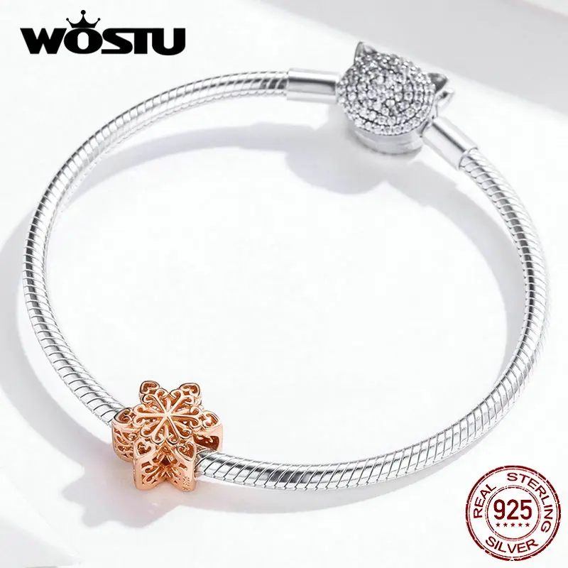 WOSTU 100% Стерлинговое Серебро 925 пробы снежинки амулеты розовое золото бусины